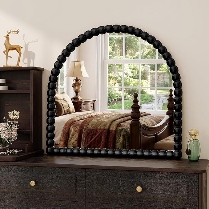 31"×32" Black Arched Bathroom Vanity Mirror, Vintage Beaded Decorative Wall Mounted Makeup Mirror, as Wall Decor Hanging Leaning for Fireplace Mantle, Living Room, Bedroom, Vanity Area