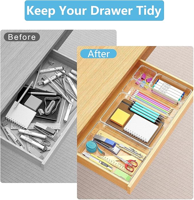 44 Pcs Makeup Drawer Organizer Set, 4 Sizes Versatile Vanity Drawer Organizer for Makeup, Non-Slip Desk Organizer Trays for Bathroom, Bedroom, Office, Fits Jewelry and Office Supplies