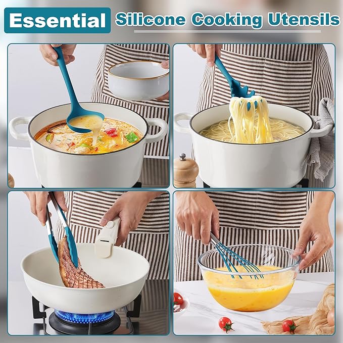 LIANYU 14 Pcs Cooking Utensils Set with Holder, Heat Resistant Silicone Kitchen Cookware Utensils Set, Kitchen Cooking Tools Includes Spatula Spoon Turner Whisk Tong, Dishwasher safe, Dark Blue