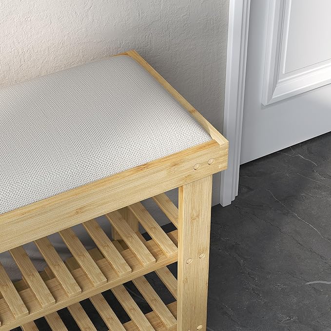 HOMCOM Bamboo Shoe Bench, 3-Tier Entryway Bench with Storage and Cushion, Shoe Organizer for Entryway, Hallway, Holds Up to 331 lbs, 35.4 x 11.4 x 19.3 Inches, Natural