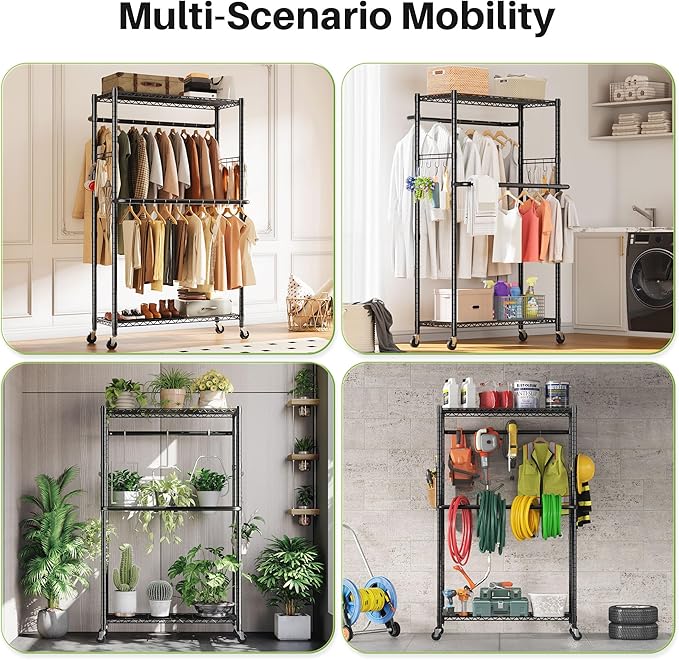 HOKEEPER Clothes Racks 400 LBS Heavy Duty Clothing Racks for Hanging Clothes Adjustable Coat Rack with Wheels & Hooks Freestanding Wire Garment Rack Portable Closet Wardrobe 74.8''H*38.2" W