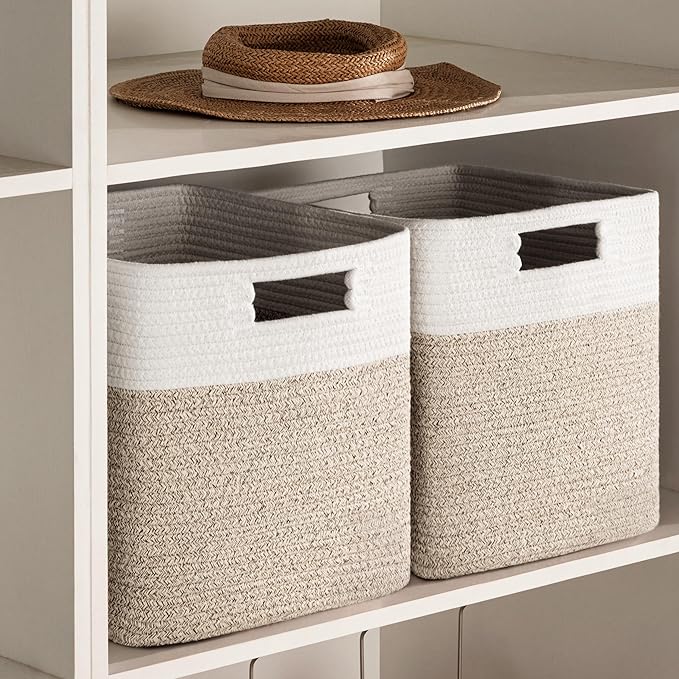 UBBCARE Set of 4 Storage Cubes-13 X 13 X 13 In, Cotton Rope Basket for Shelves, Toys, Book, Cube Storage Bin with Handles, Woven Storage Basket for Organizing, White/Brown