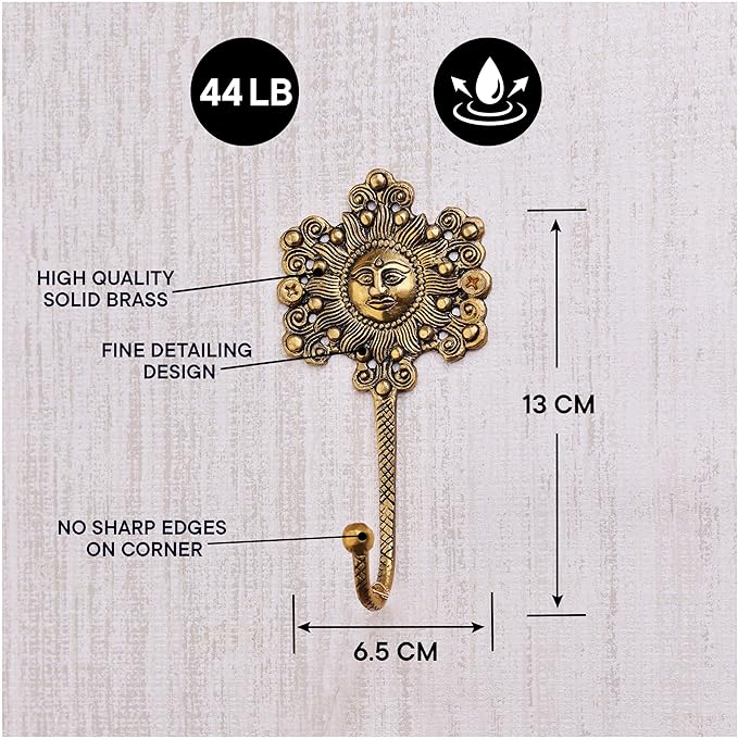 Indian Shelf 33Lb. 3 Pieces Decorative Gold Sunflower Hooks Brass Wall Key Holder Vintage Golden Home Decor Sun Wall Coat Hook