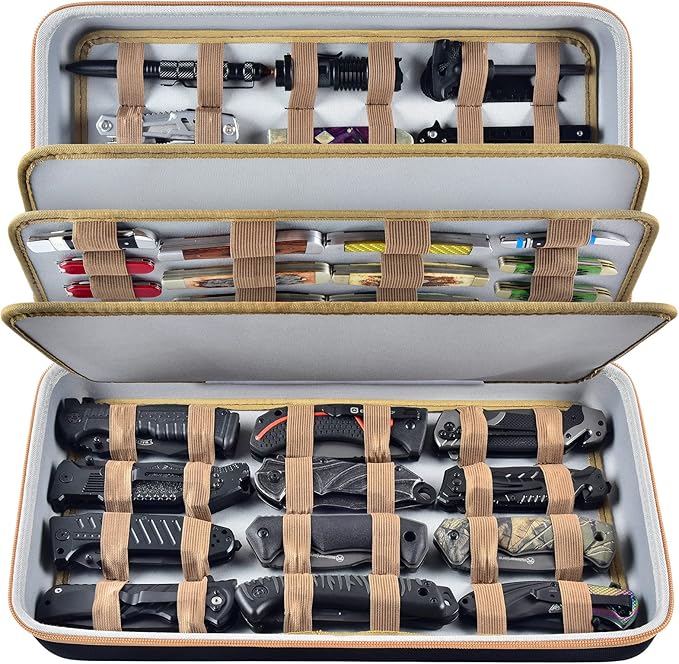 Knife Display Case for 64+ Pocket Knives, Butterfly Knife Storage Box, Folding Knives Organizer Holder, Knives Collection Organized Carrier for Survival, Tactical, Outdoor, EDC Mini Knife (Black)
