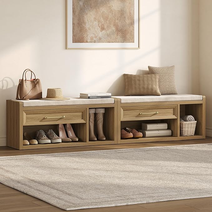 SICOTAS Shoe Benches with Storage Set of 2, Farmhouse 86.6" Extra Wide Entryway Benches with Cushion, Drawer & Tall Boot Shelf, 18.9" Comfort Height Seat for Hallway Bedroom Mudroom,Brown Oak