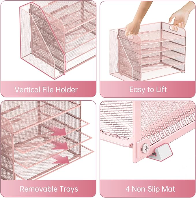 SUPEASY 5-Tier Desk Organizer with File Holder, Desk Organizers and Accessories, Paper Organizer for Desk, Mesh Desktop File Organizer, Workspace Organizers for Office School Home, Pink