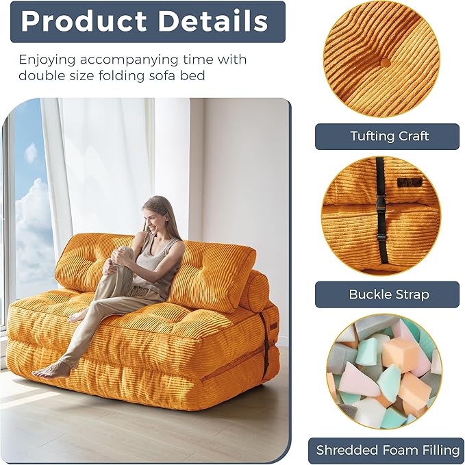 MAXYOYO Folding Sofa Bed, Convertible Chair with Pillow Foldable Couch with Back Support, Portable Fold Out Chair Bed Comfy Floor Sofa Lounge for Living Room Bedroom, Orange Double