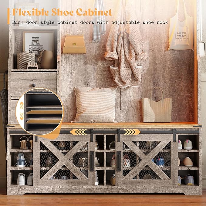 AMERLIFE 75"H 7-in-1 Farmhouse Hall Tree with Bench and shoe storage, LED Entryway Bench with Coat Rack, 12 Shoe Cubbies, 2 Drawers, Barn Doors & Adjustable Shelf, Mudroom Hallway Cabinet, Rustic Grey