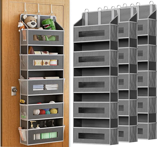 3 Pack 5 Tier Over The Door Organizer - Large Capacity Behind Door Hanging Shelves with 10 Mesh Pockets and Clear Windows, Closet Organizers and Storage for Bathroom, Bedroom, Nursery, Grey