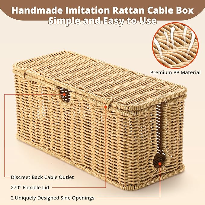 2Pack Large Cable Management Box, Handwoven Imitation Rattan Cord Organizer Wire Hider Box, Desk Cord Management to Hide Cords and Power Strips