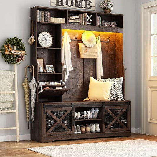 75''H 59''W Large LED Farmhouse Hall Tree with Bench and Shoe Storage,Entryway Bench with Coat Rack,16 Shoe Cubbies & Umbrella Holder and Sock Storage Drawer,Mudroom/Hallway Storages Cabinet(Brown)