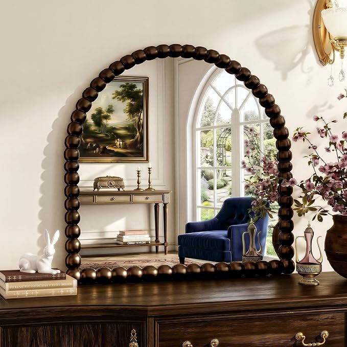 31"×32" Brown Arched Bathroom Vanity Mirror, Vintage Beaded Decorative Wall Mounted Makeup Mirror, as Wall Decor Hanging Leaning for Fireplace Mantle, Living Room, Bedroom, Vanity Area