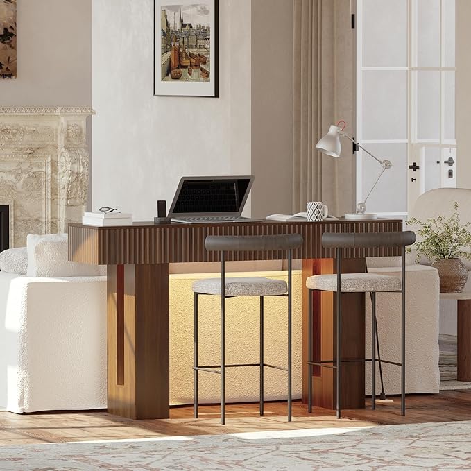 60-Inch Long Entryway Table with Built-in Power Outlet and App & Button-Controlled RGB Light, Thick Wood Farmhouse Console Table for Behind Sofa, Narrow Hallway, Living Room, Foyer, Entrance, Walnut