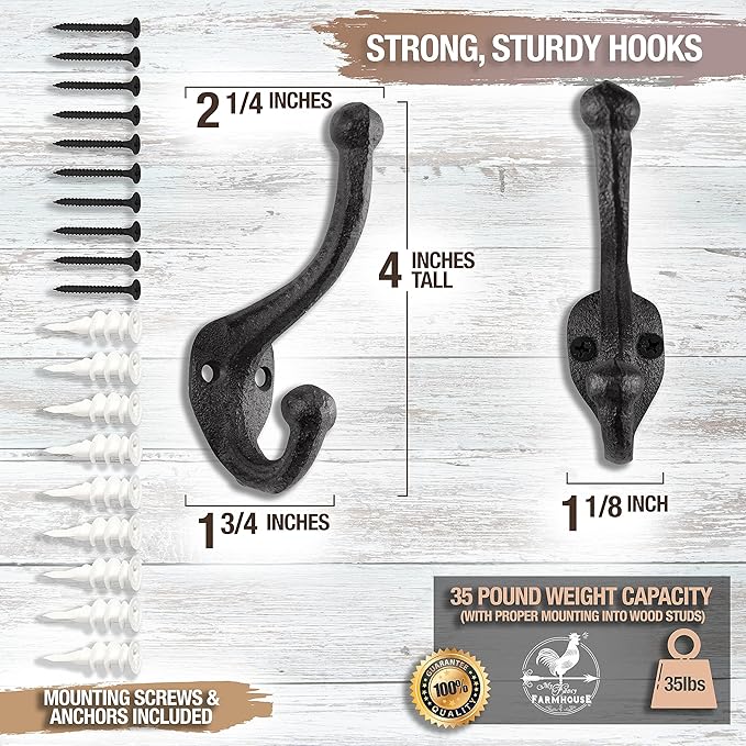 My Fancy Farmhouse Rustic Cast Iron Coat Hooks (10 Pack) Wall Mounted Farmhouse Decorative Wall Hooks, Vintage Hooks for Hanging Coats, Bags, Hats, Towels (Antique Black)