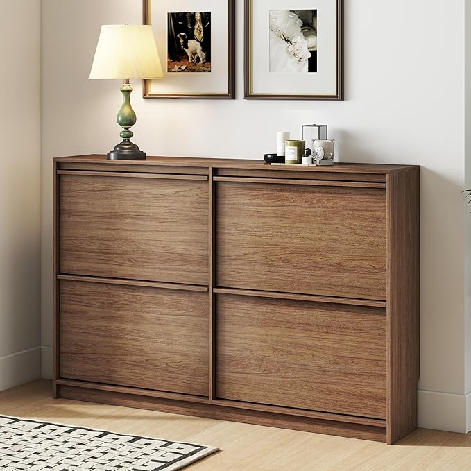 Shoe Cabinet with 4 Flip Drawers, Modern Narrow Shoe Storage Cabinet Organizer with Adjustable Shelf, Hidden Freestanding Shoe Rack for Entryway, Hallway, Living Room, Walnut