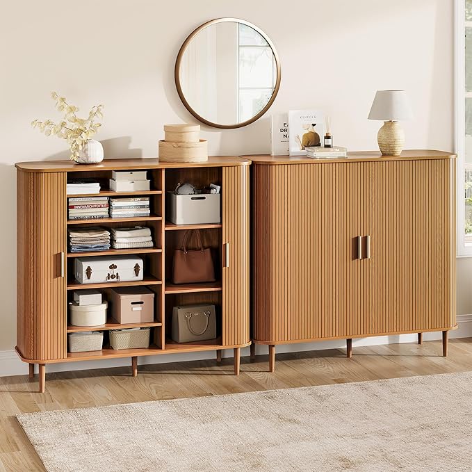 DHH Shoe Storage Cabinet with Sliding Door, 6-Tier Shoe Cabinet with Adjustable Shelves, Mid-Century Modern Freestanding Shoe Storage Organizer for Entryway, Hallway, Living Room (Wood, 47 ")