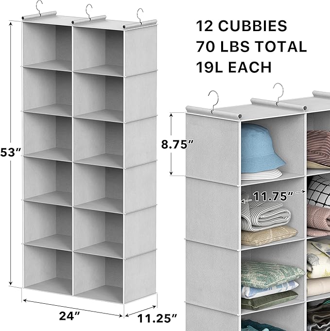 Simple Houseware 6 Shelf Double-Wide Hanging Closet Organizer, 12 Large Shelves Total, Gray