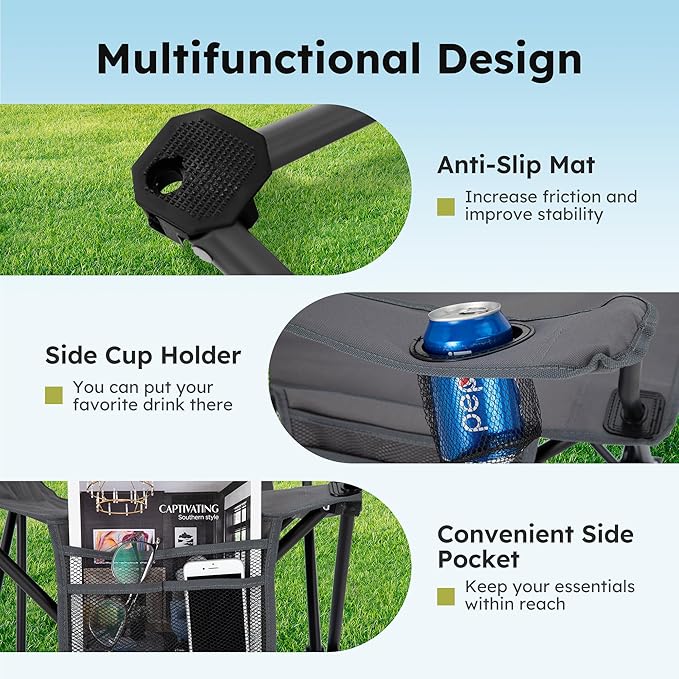 ALPHA CAMP Camping Chairs 350LBS Capacity, Heavy Duty Folding Chair with 4-Can Cooler Bag, Portable Outdoor Chair with Cup Holder for Adults, Collapsible for Tailgating, Beach, Fishing