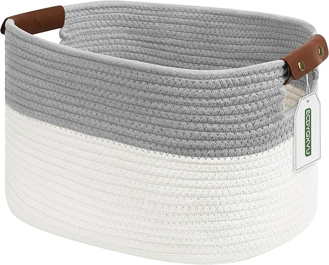 ECDYQXVU Cotton Rope Basket, Storage Baskets with Handle, 15x10x9 Inch Woven Basket for Shelves, Laundry, Towels, Clothes, Books (White/Grey 1Pack)