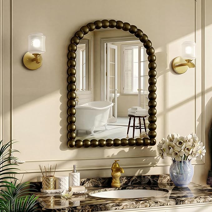 24"×36" Bronze Arched Bathroom Vanity Mirror, Vintage Beaded Decorative Wall Mounted Makeup Mirror, as Wall Decor Hanging Leaning for Fireplace Mantle, Living Room, Bedroom, Vanity Area