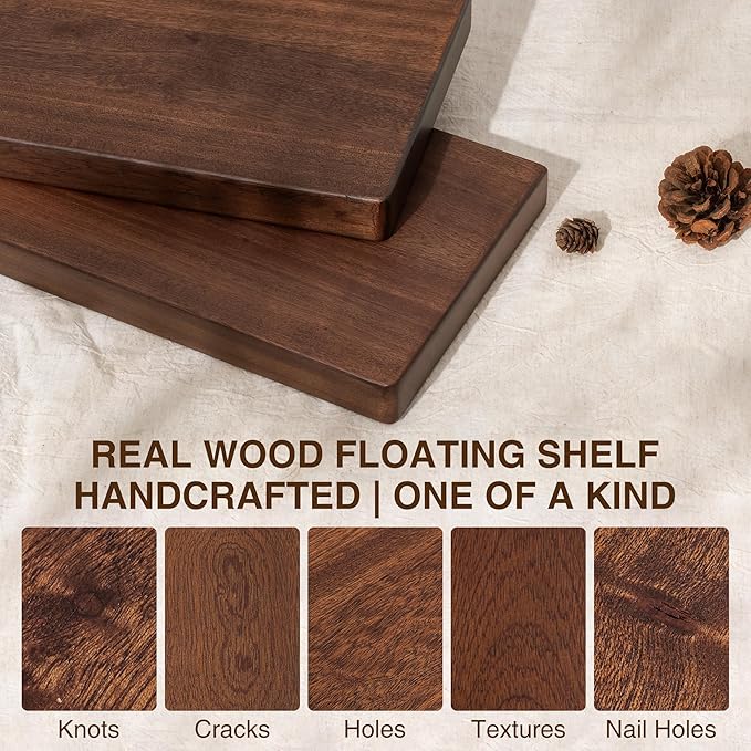 40 Inch Floating Shelves, Solid Wood Wall Shelves, 8 Inch Deep Floating Shelf – for Bathroom, Bedroom, Living Room, Kitchen, Home Decor & Storage, Heavy-Duty Wooden Shelf Wall-Mounted, Set of 2
