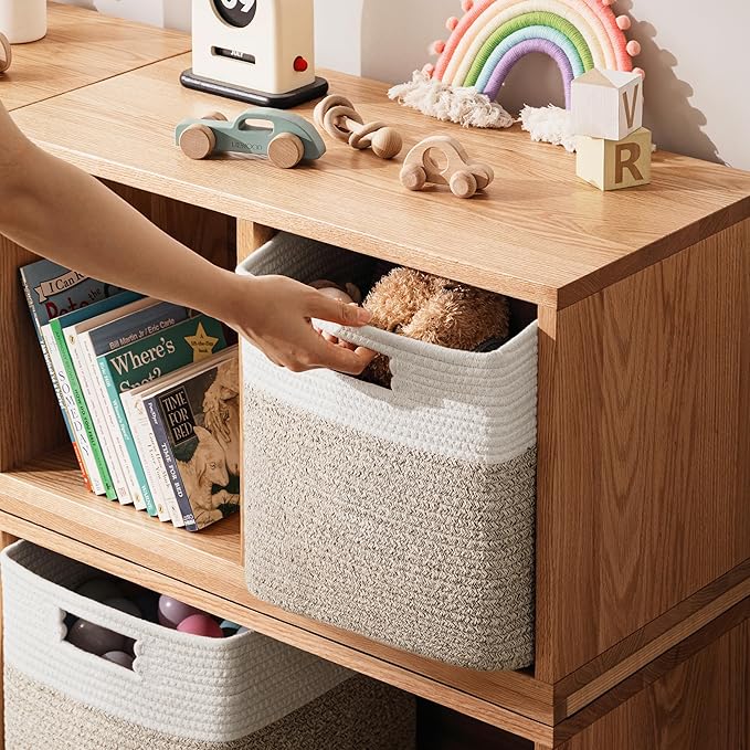 UBBCARE Set of 4 Storage Cubes-11 X 10.5 X 10.5 In, Cotton Rope Basket for Shelves, Toys, Book, Cube Storage Bin with Handles, Woven Storage Basket for Organizing, White/Brown