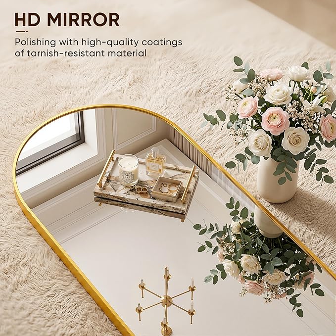 Full Length Mirror, 58"x21" Arched Floor Mirror Freestanding, Floor Standing Full Body Mirror with Stand for Bedroom, Hanging Mounted for Living Room Cloakroom, Gold