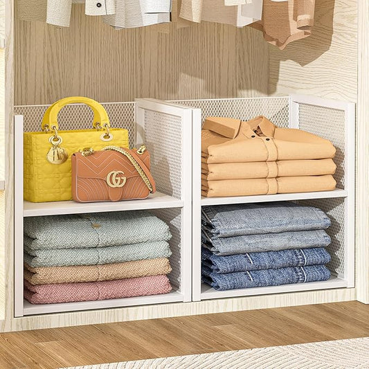 2-Tier Stackable Closet Organizers and Storage Basket, Wire Clothes Shelf Organizer Bins, Sweater Storage for Wardrobe Cupboard, Multifunctional Cube Storage Box for Kitchen Bath Laundry Room, White