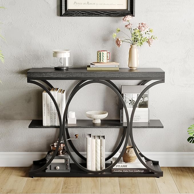 Garvee 39" Narrow Console Tables for Entryway, Industrial 3-Tier Sofa Table with Round Metal Base and Storage Shelves for Living Room, Hallway, Foyer, Black Wood Grain