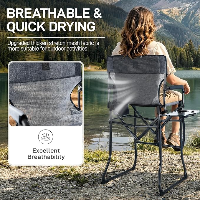 EVER ADVANCED Portable 30.7" Seat Height Tall Folding Camping Chair Directors Chair High Foldable Bar Stool with Side Table for Makeup Artist, Sports Event, Craft Show, Stretch Mesh, Supports 350LBS
