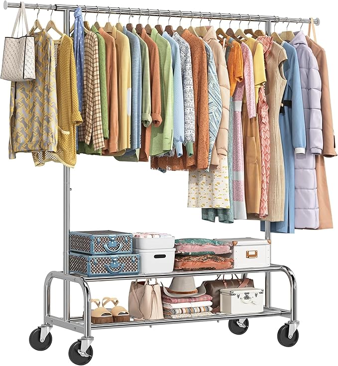 Simple Trending Heavy Duty Clothes Rack, Garment Rack with Extendable Side Rods & Botton Shelves, 25mm Metal Clothing Rack with Wheels, Bedroom, Laundry Room, Silver