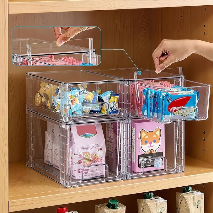 Clear Stackable Acrylic Storage Drawers(2 Pack), Plastic Organizer Bins with Handles, Easy Assembly for Bathroom Kitchen Pantry Cabinet Under Sink Snack Home Storage Solutions