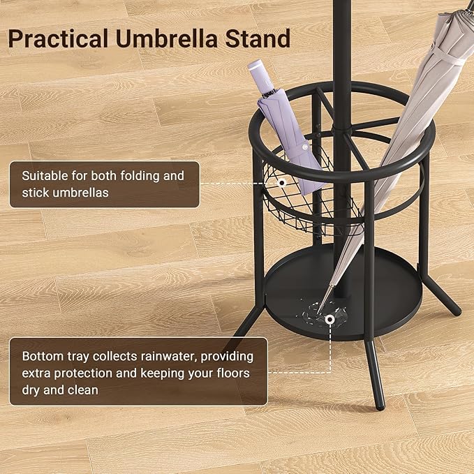ELYKEN Coat Rack Freestanding, Metal Coat Rack Stand with Umbrella Holder, Modern Coat Tree with 12 Hooks, Floor Standing Corner Hall Tree for Entryway Living Room Bedroom Office, Black
