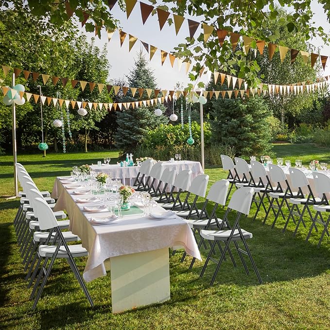 VINGLI Folding Chairs, Heavy Duty Foldable Chair Portable HDPE Plastic Seat with Steel Frame for Indoor Outdoor Dinning Party Wedding School Use, White, 2 Pack