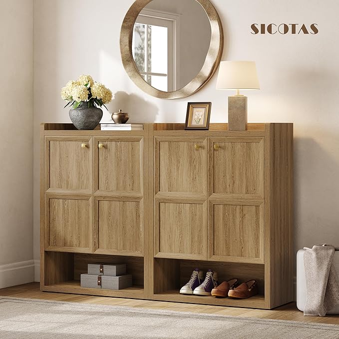 SICOTAS Shoe Cabinet Storage for Entryway - 48-Pair Shoe Cabinets with Doors and Adjustable Shelves, Modern Large 7-Tier Shoes Storage Cabinet for Mudroom Closet Hallway Living Room, Brown Oak, 2PCS