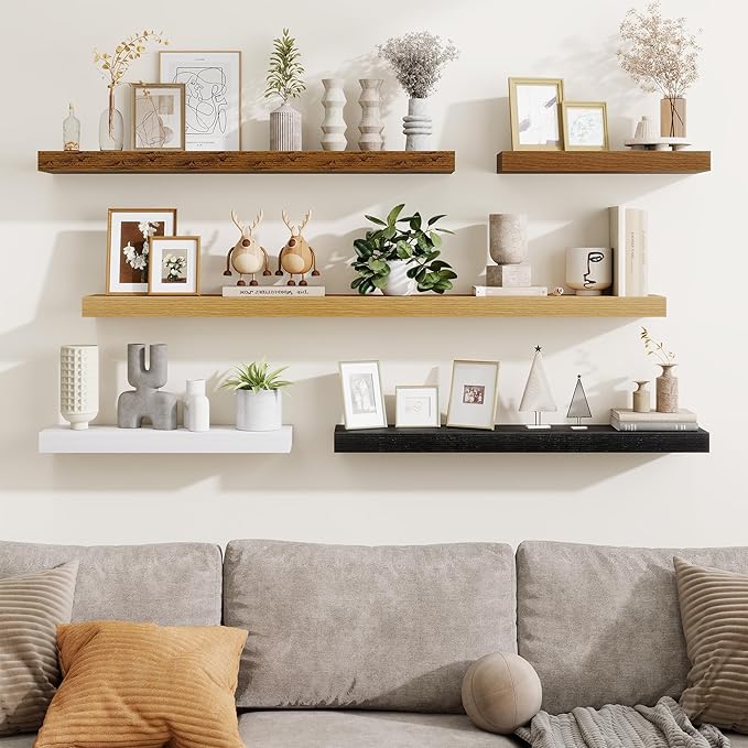Fun Memories Floating Shelves for Room Wall, 36 Inch Long Shelf Set of 2， Hanging Wood Shelves for Storage & Display, Rustic Brown