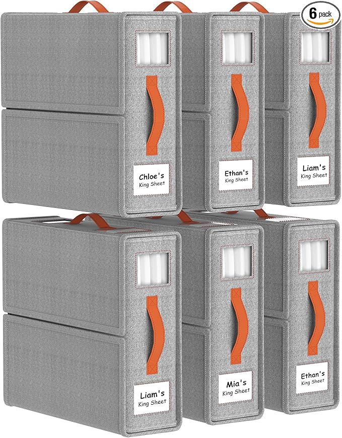 6 Pack Bed Sheet Organizers and Storage(King &Queen Size) with an Elastic Strap, Foldable Closet Linen Sheet Storage Container, Sheet Set Box for Blanket, Duvet Cover and Pillowcase, Grey