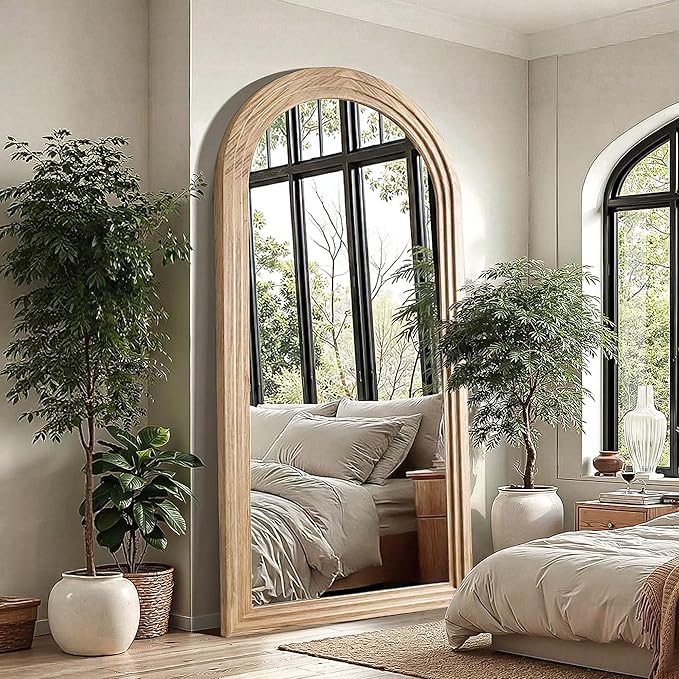 Delma Arched Full Length Floor Mirror with Stand, 75x35 Rustic Farmhouse Solid Wood Frame Wall Mirror for Bedroom, Living Room, Vertical Hanging & Standing(Natural)