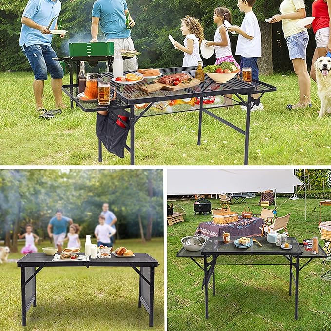Nice C Folding Grill Table, Camping Tailgate Metal Table, 2 Tier Mesh Grill Station, with Metal Folding Adjustable Height&Width, Mesh Net, Carry Handle, for Outdoor