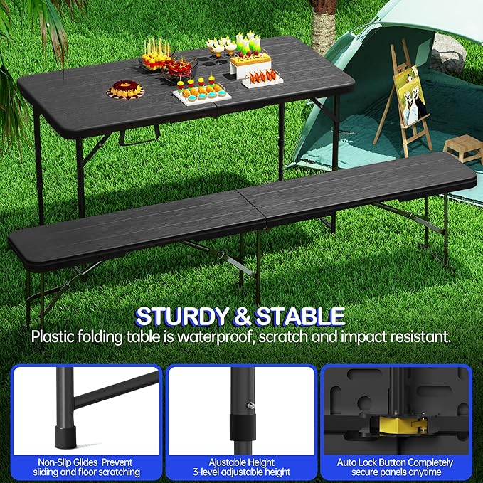 VSOAEIL Folding Table 4 Foot for Indoor Outdoor, Portable Heavy Duty Fold-in-Half Utility Small Plastic Adjustable Height Folding with Carrying Handle for Picnic Camping and Party, Matte Black