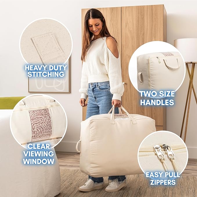 Soft Canvas Storage Bags with Zipper. Thick Breathable, 1pc King/Queen Comforter Organizer. Four Carrying Handles and Window. Large 25x19x9in Bag for Sheets Blankets Bedding Pillows, Clothes (Black)
