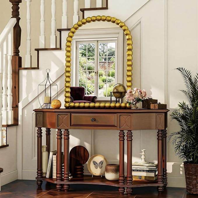 30"×38" Gold Arched Bathroom Vanity Mirror, Vintage Beaded Decorative Wall Mounted Makeup Mirror, as Wall Decor Hanging Leaning for Fireplace Mantle, Living Room, Bedroom, Vanity Area
