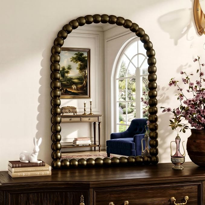 22"×30" Bronze Arched Bathroom Vanity Mirror, Vintage Beaded Decorative Wall Mounted Makeup Mirror, as Wall Decor Hanging Leaning for Fireplace Mantle, Living Room, Bedroom, Vanity Area