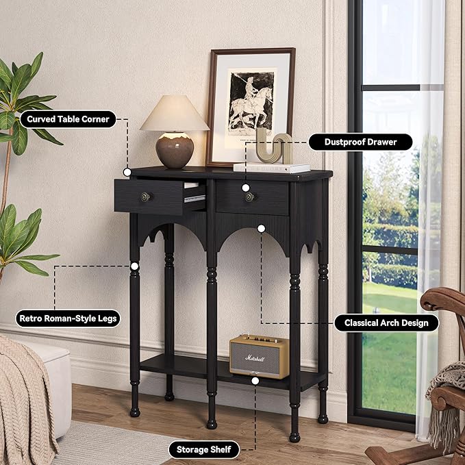 Console Table with 2 Drawers & Shelf, 28" Mid-Century Modern Entryway Table, Retro 2-Tier Sofa Table, Wooden Accent Table for Living Room, Hallway, Black