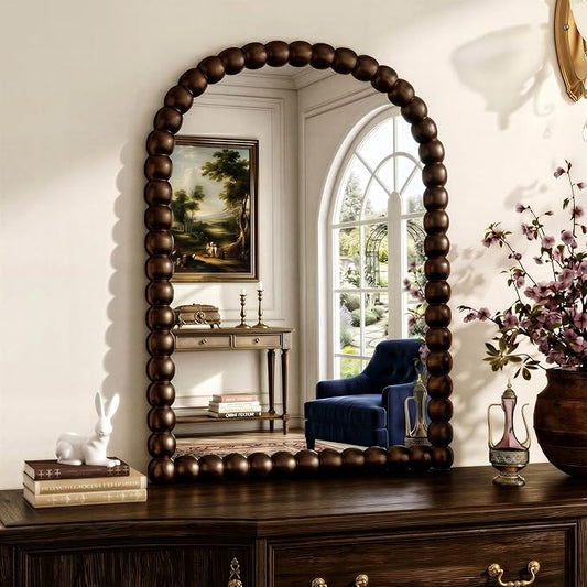 24"×36" Brown Arched Bathroom Vanity Mirror, Vintage Beaded Decorative Wall Mounted Makeup Mirror, as Wall Decor Hanging Leaning for Fireplace Mantle, Living Room, Bedroom, Vanity Area