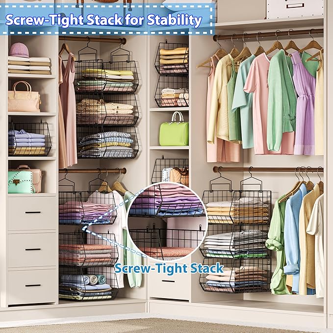 6-Tier Extended Depth Hanging Closet Organizers and Storage for Closet Organization, Stackable Hanging Shelves with Hooks for Clothes Sweaters Towels Purses, Fits Closet Shelves & Wire Metal Shelving