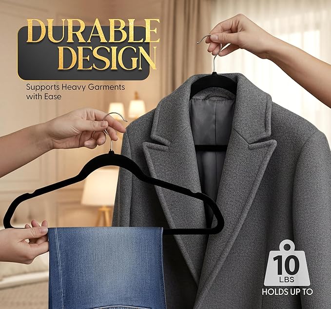 Beddora Velvet Hangers 50-Pack,Black Non-Slip Slim Space-Saving Closet Organizer, Suit & Coat Hangers, Heavy-Duty, 360° Swivel Hook